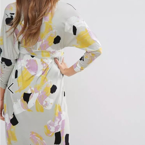 ASOS Batwing Abstract Print Wrap Dress Creme/Purple/Yellow Pattern - Picture 6 of 10